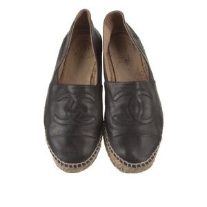 CHANEL BLACK LEATHER ESPADRILLE RUBBER SOLE TOE CAP SHOES